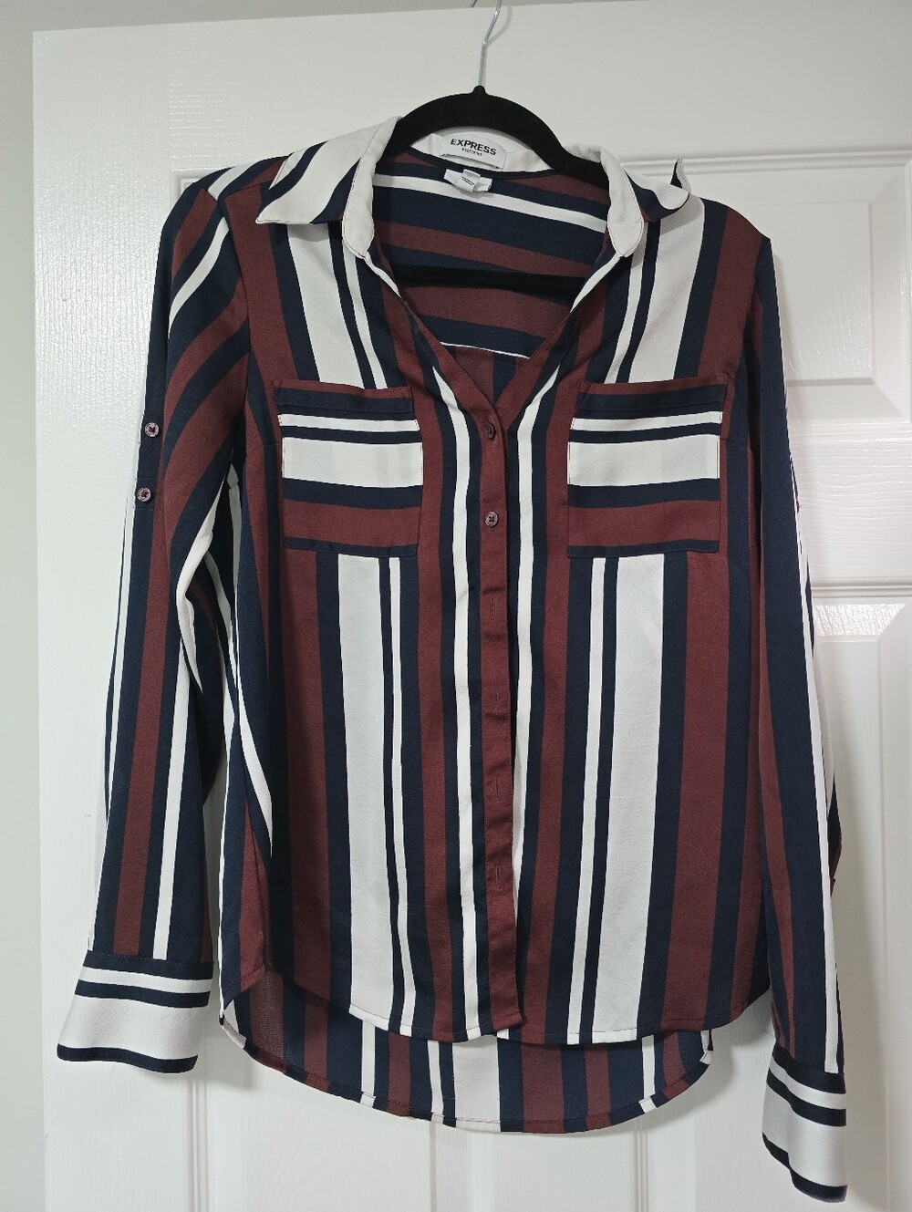Express Women’s Burgundy Navy White Red Striped Blouse
